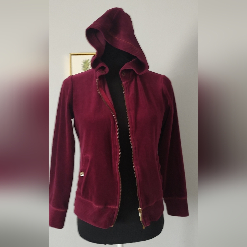 Velvet Jacket Style & Cco Sport  Women Burgundy Hoodie Zipper Pockets Good Cond.